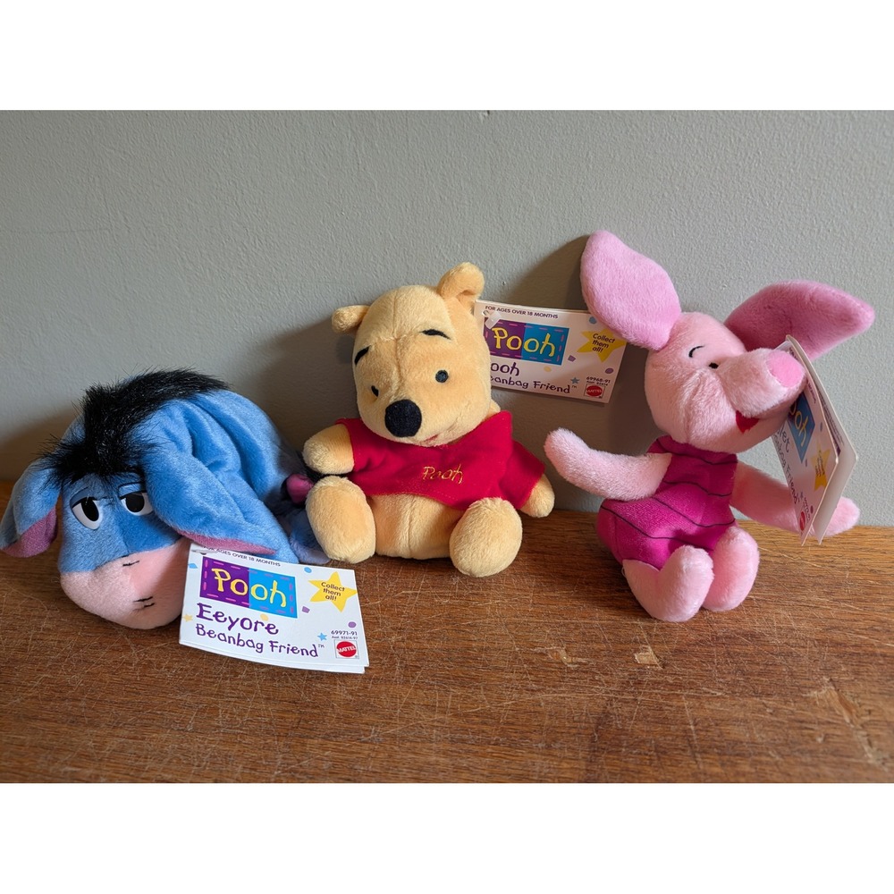 Vintage Disney Winnie the Pooh Piglet Eeyore Beanbag Plush Mattel Set 3 NEW